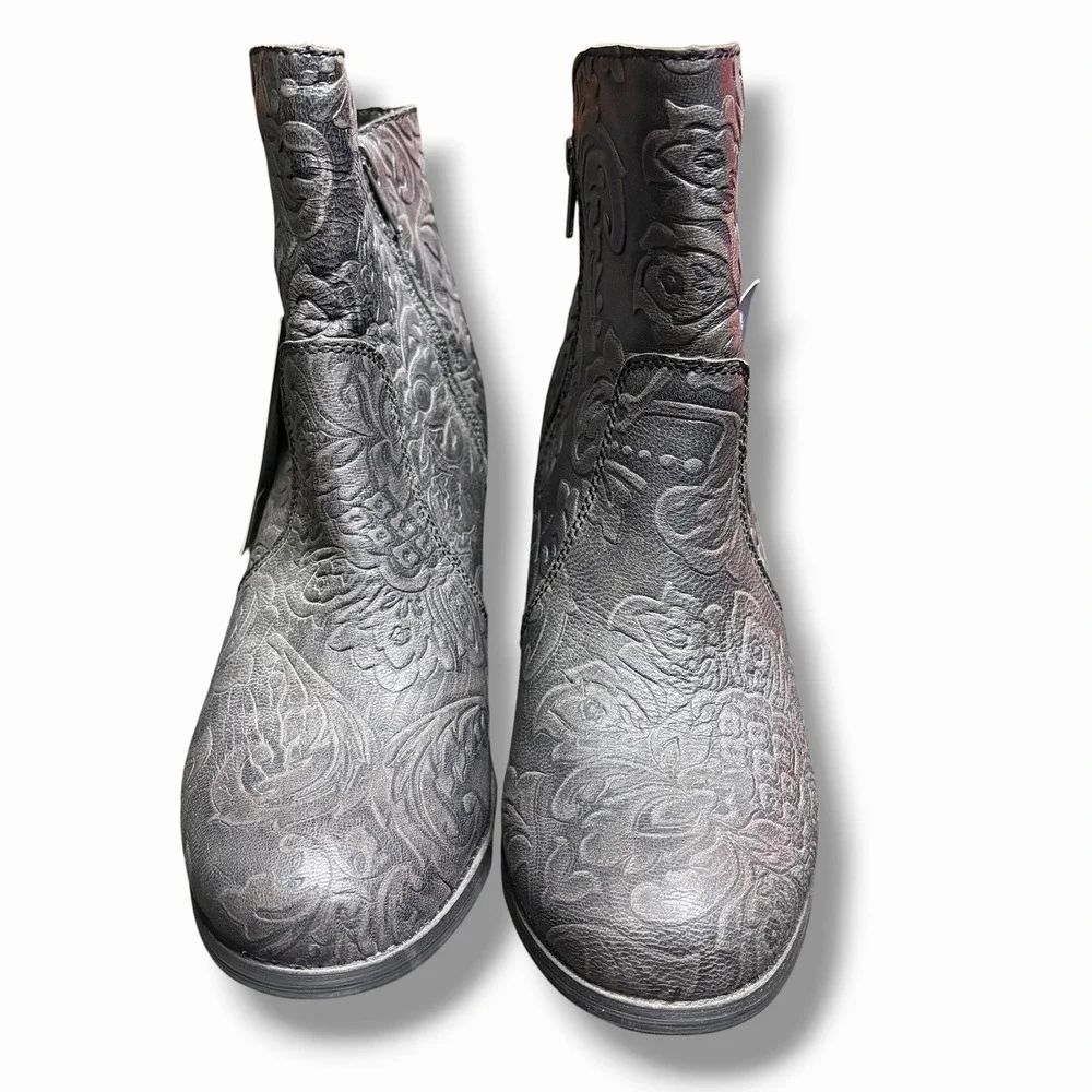 Sterling River Gray‎ Embossed Floral Leather Western Women Ankle Boots 9.5m